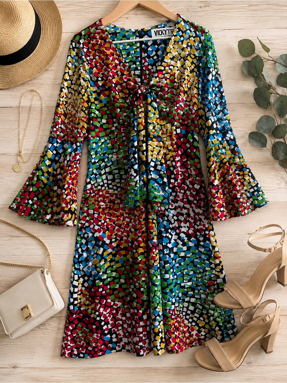 Vicky Tiel M Multicolor Abstract Bell Sleeve Twist Front Dress